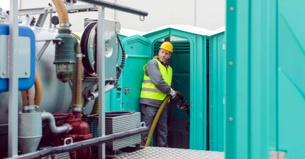A worker wearing gloves, a hi-vis vest, and a hard hat pumps waste from a porta potty using a hose connected to a tanker truck.