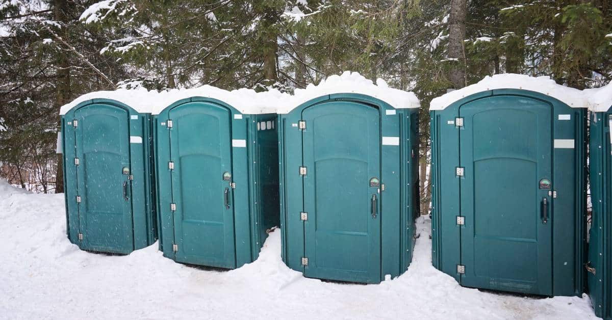 Five porta potties in a line at the edge of a pine tree forest, with snow on their roofs and around the ground.