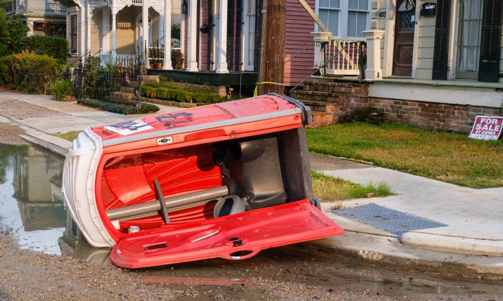 A red porta potty with a white top located in a residential neighborhood. The unit has tipped over and the door is open.