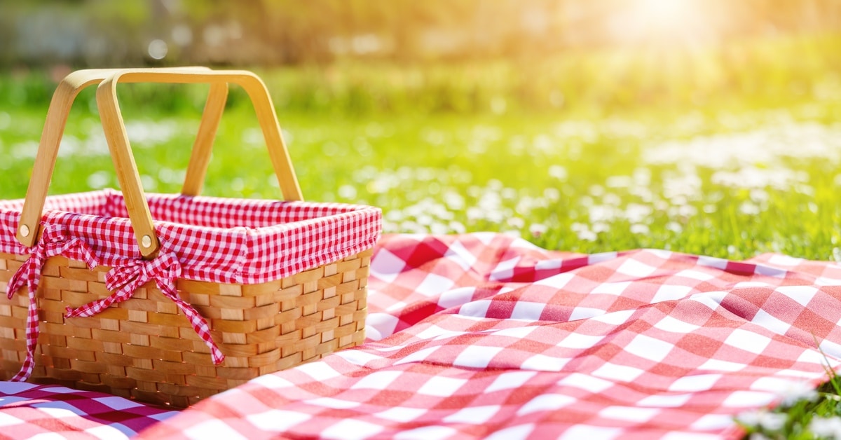 A wicker picnic basket with red and white checkered lining resting on a matching blanket in a sunny grassy field.